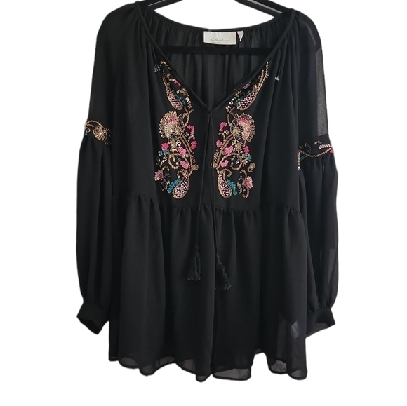 Labellum Long Sleeve Sequin Beaded Floral Blouse - Picture 1 of 6